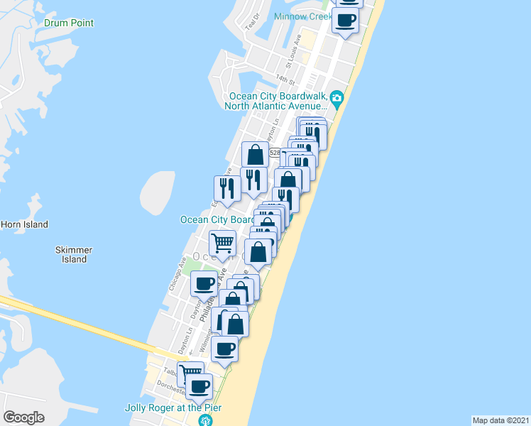 map of restaurants, bars, coffee shops, grocery stores, and more near 705 Baltimore Avenue in Ocean City