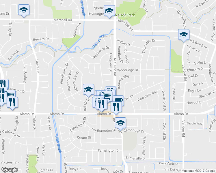 map of restaurants, bars, coffee shops, grocery stores, and more near 131 Woodbury Circle in Vacaville