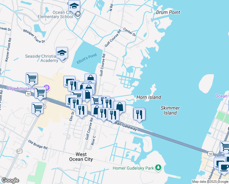 map of restaurants, bars, coffee shops, grocery stores, and more near 10050 Golf Course Road in Ocean City
