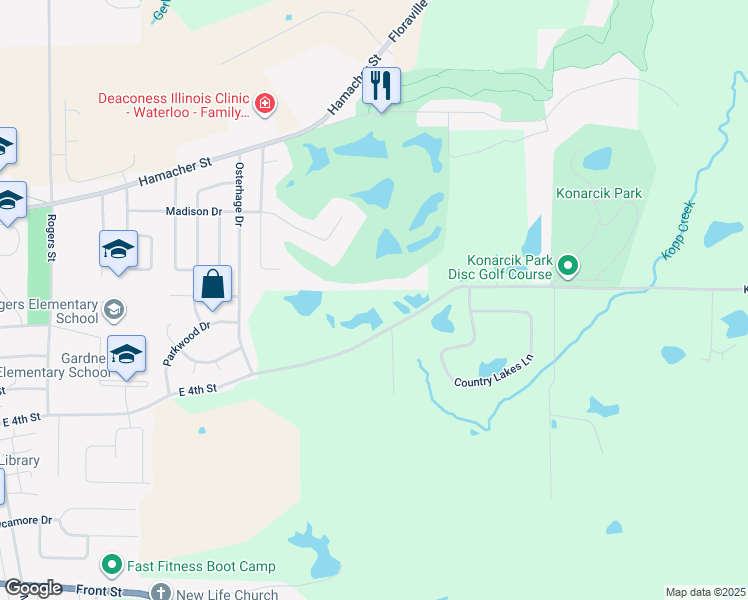 map of restaurants, bars, coffee shops, grocery stores, and more near 617 East 4th Street in Waterloo