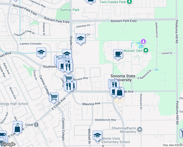 map of restaurants, bars, coffee shops, grocery stores, and more near 1462 Roman Drive in Rohnert Park