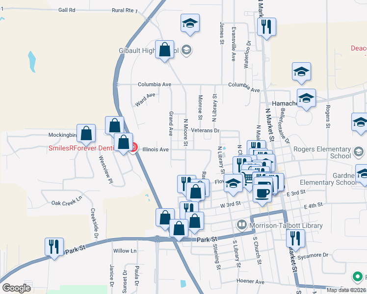map of restaurants, bars, coffee shops, grocery stores, and more near 301 North Moore Street in Waterloo