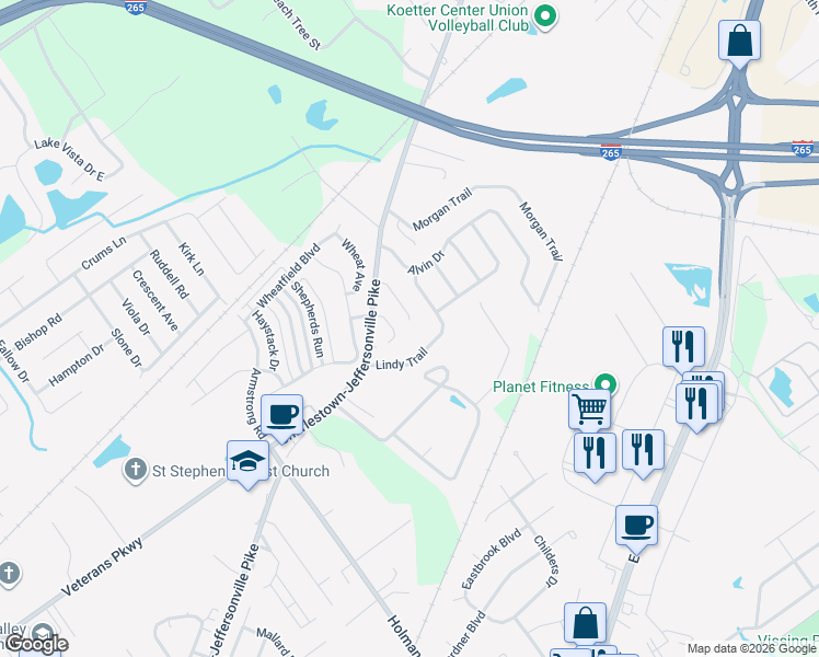 map of restaurants, bars, coffee shops, grocery stores, and more near 3605 Alyn Court in Jeffersonville