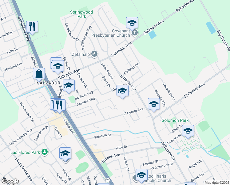 map of restaurants, bars, coffee shops, grocery stores, and more near 4180 Plass Drive in Napa