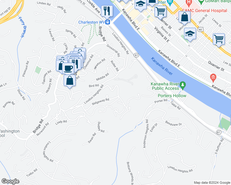 map of restaurants, bars, coffee shops, grocery stores, and more near 1223 Staunton Road in Charleston