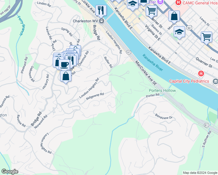 map of restaurants, bars, coffee shops, grocery stores, and more near 1223 Staunton Road in Charleston
