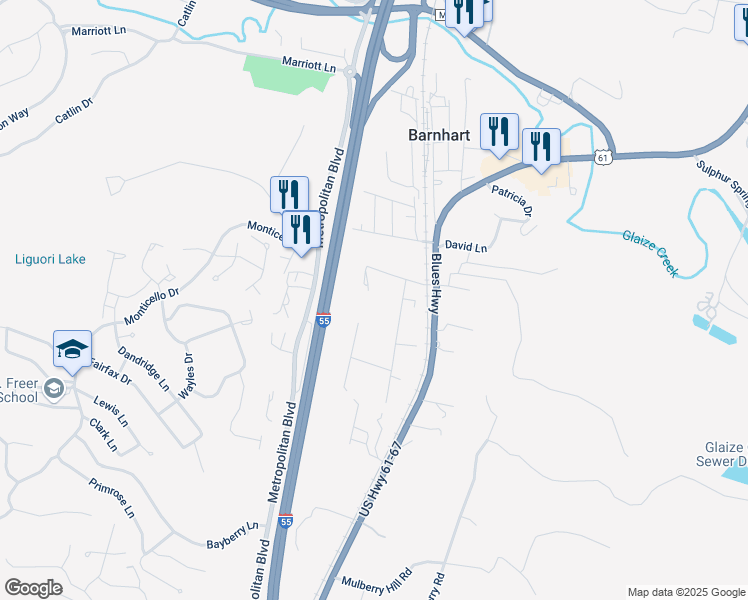 map of restaurants, bars, coffee shops, grocery stores, and more near 7127 Valley Drive in Barnhart