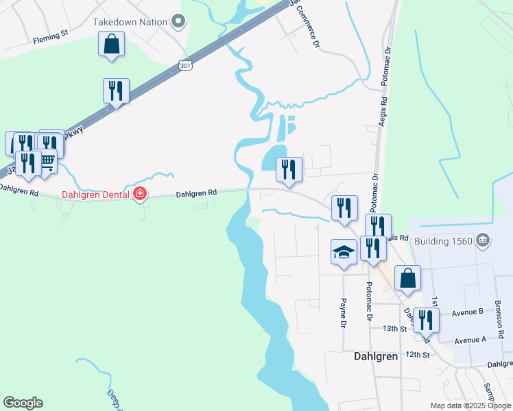 map of restaurants, bars, coffee shops, grocery stores, and more near 5200 Waterfront Lane in King George