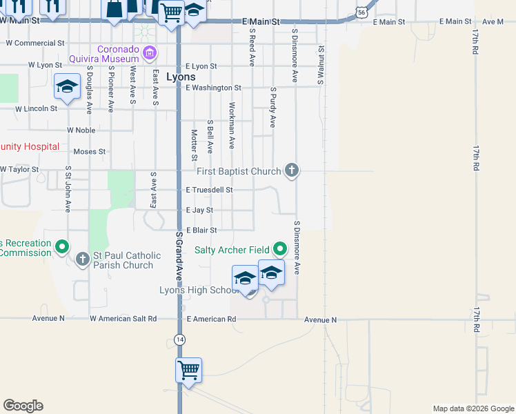 map of restaurants, bars, coffee shops, grocery stores, and more near 401-499 East Jay Street in Lyons