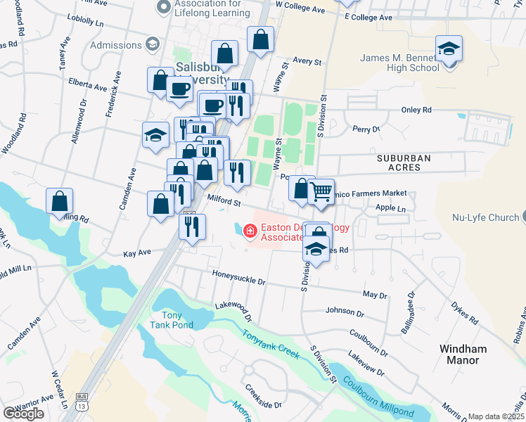 map of restaurants, bars, coffee shops, grocery stores, and more near 266 Milford St in Salisbury