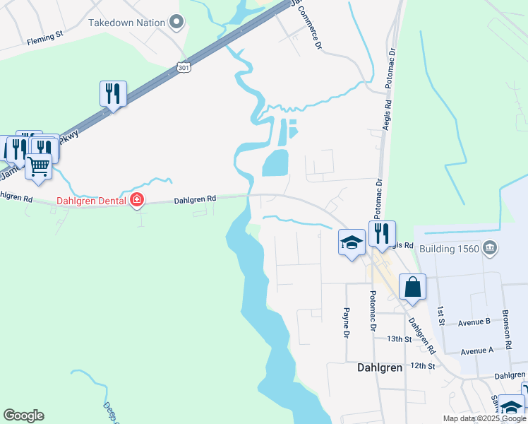 map of restaurants, bars, coffee shops, grocery stores, and more near 5200 Waterfront Lane in King George
