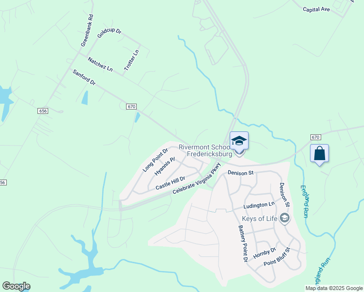 map of restaurants, bars, coffee shops, grocery stores, and more near 243 Long Point Drive in Fredericksburg