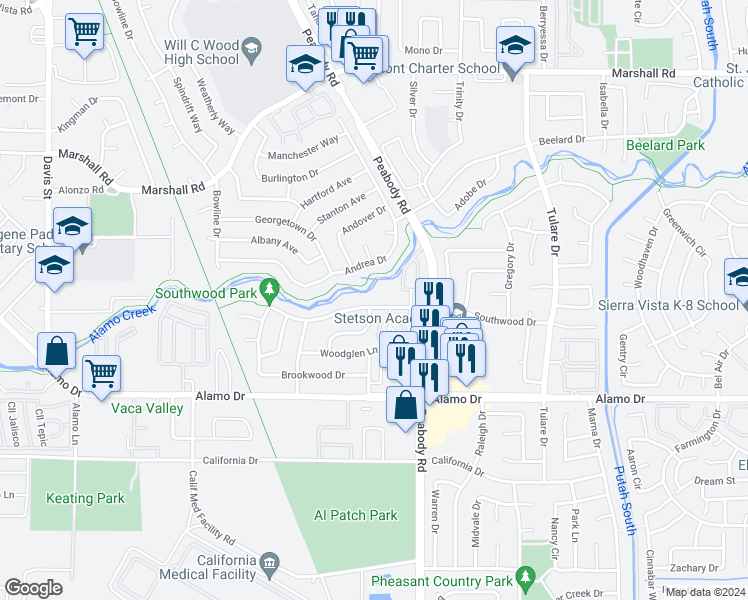 map of restaurants, bars, coffee shops, grocery stores, and more near 1925 Southwood Drive in Vacaville