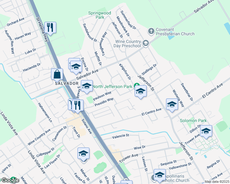 map of restaurants, bars, coffee shops, grocery stores, and more near 4265 Dale Drive in Napa