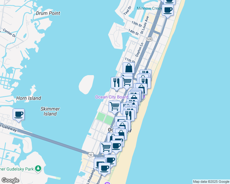 map of restaurants, bars, coffee shops, grocery stores, and more near 605 Saint Louis Avenue in Ocean City