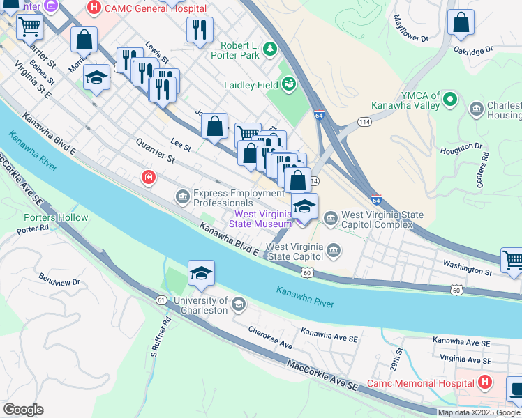 map of restaurants, bars, coffee shops, grocery stores, and more near 1621 Quarrier Street in Charleston