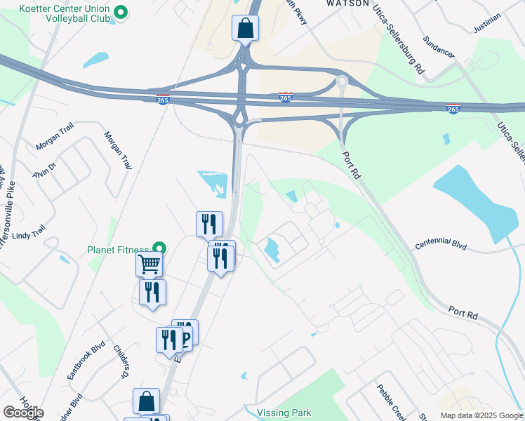 map of restaurants, bars, coffee shops, grocery stores, and more near 4202 Helen Road in Jeffersonville