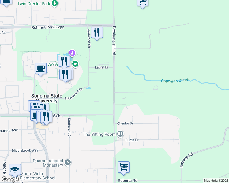 map of restaurants, bars, coffee shops, grocery stores, and more near 6642 Petaluma Hill Road in Rohnert Park