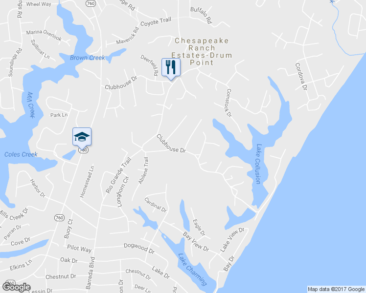 map of restaurants, bars, coffee shops, grocery stores, and more near 416 Clubhouse Drive in Lusby