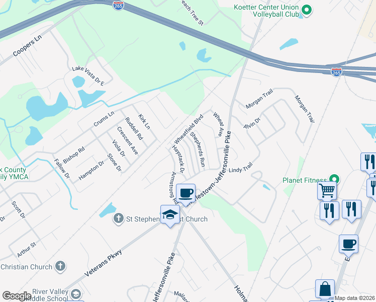 map of restaurants, bars, coffee shops, grocery stores, and more near 3929 Hay Market Drive in Jeffersonville