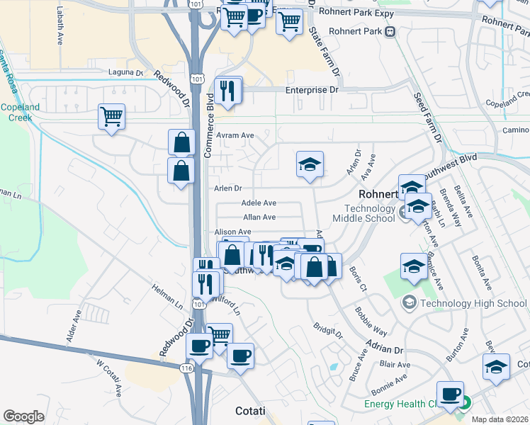 map of restaurants, bars, coffee shops, grocery stores, and more near 228 Allan Avenue in Rohnert Park