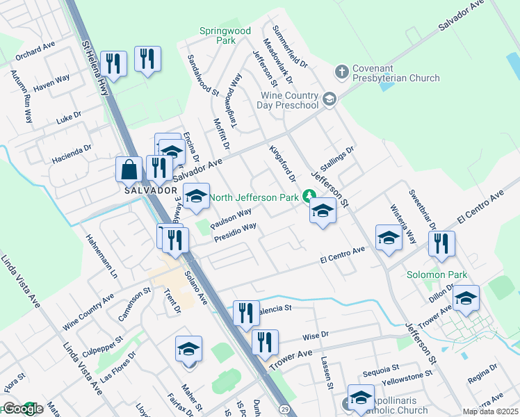 map of restaurants, bars, coffee shops, grocery stores, and more near 4265 Dale Drive in Napa