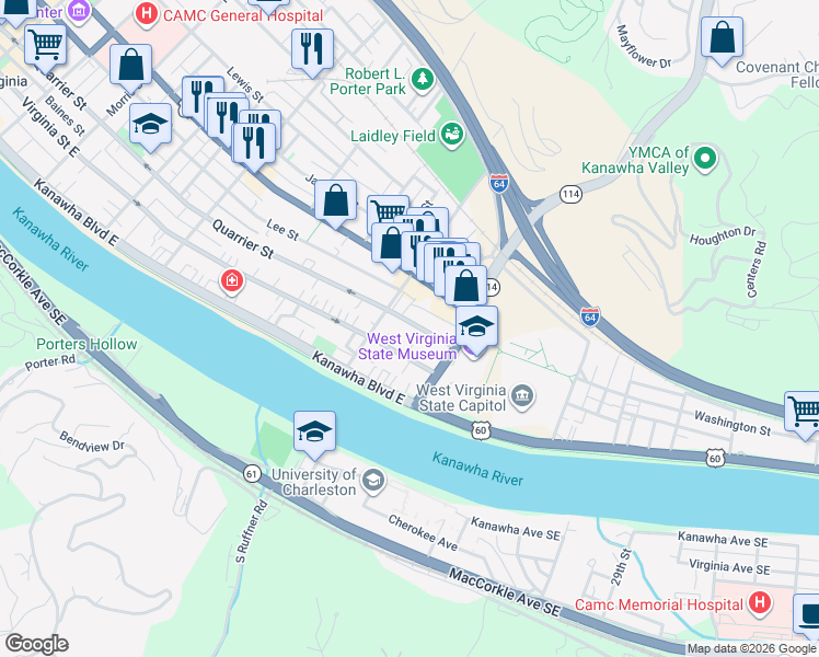 map of restaurants, bars, coffee shops, grocery stores, and more near 1611 Quarrier Street in Charleston