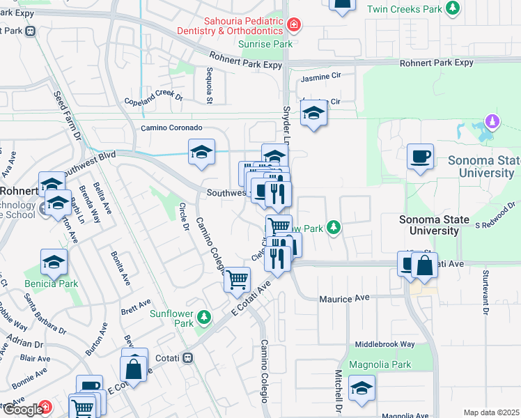map of restaurants, bars, coffee shops, grocery stores, and more near 1451 Southwest Boulevard in Rohnert Park