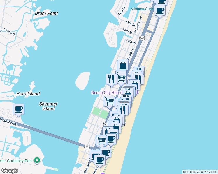 map of restaurants, bars, coffee shops, grocery stores, and more near 605 Saint Louis Avenue in Ocean City