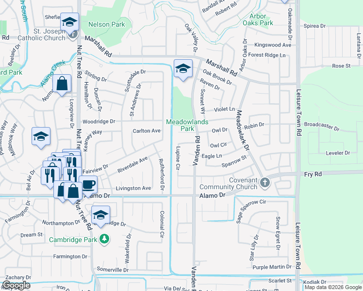 map of restaurants, bars, coffee shops, grocery stores, and more near 455 Lupine Circle in Vacaville