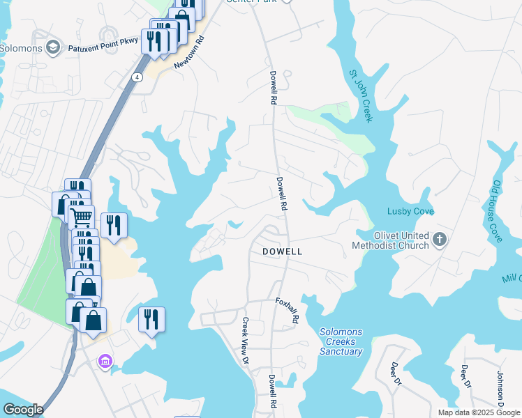 map of restaurants, bars, coffee shops, grocery stores, and more near 50 Oyster Bay Place in Solomons