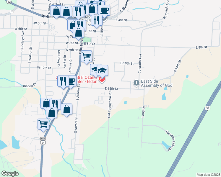 map of restaurants, bars, coffee shops, grocery stores, and more near 1500 Old Tuscumbia Road in Eldon