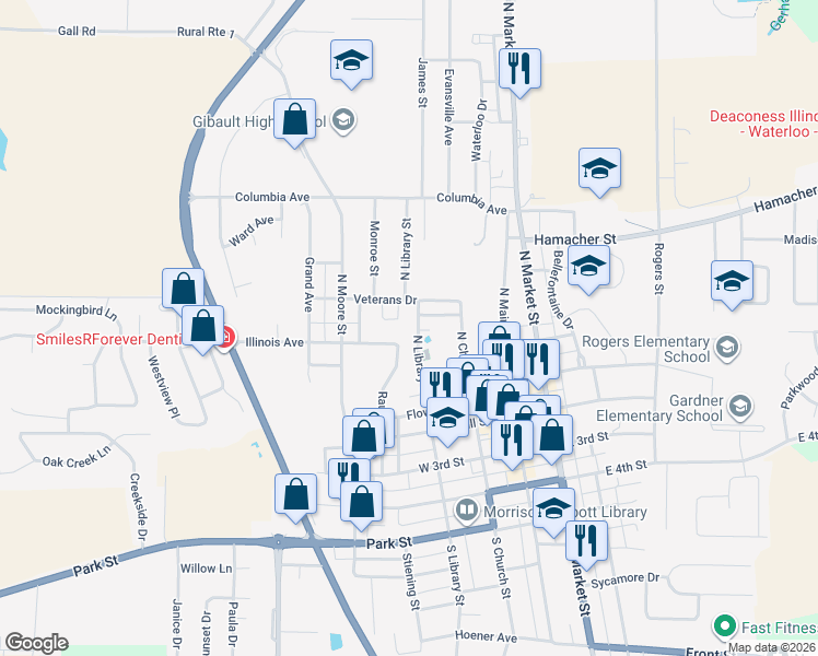 map of restaurants, bars, coffee shops, grocery stores, and more near 315 North Library Street in Waterloo