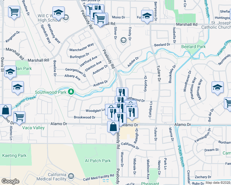 map of restaurants, bars, coffee shops, grocery stores, and more near 1958 Southwood Drive in Vacaville