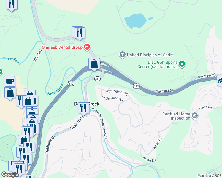 map of restaurants, bars, coffee shops, grocery stores, and more near 1420 Nottingham Road in Charleston