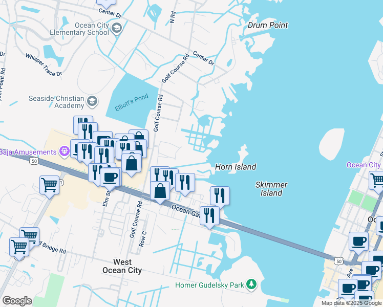 map of restaurants, bars, coffee shops, grocery stores, and more near 10050 Golf Course Road in Ocean City