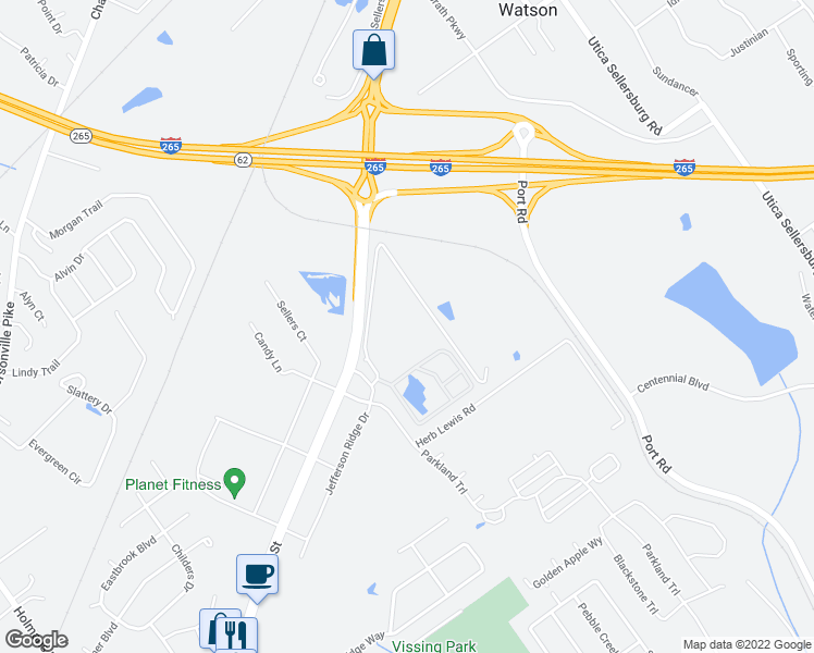 map of restaurants, bars, coffee shops, grocery stores, and more near 4202 Helen Road in Jeffersonville