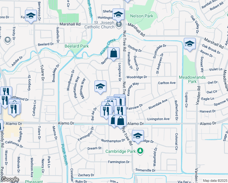 map of restaurants, bars, coffee shops, grocery stores, and more near 131 Woodbury Circle in Vacaville