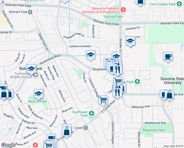 map of restaurants, bars, coffee shops, grocery stores, and more near 7180 Camino Colegio in Rohnert Park