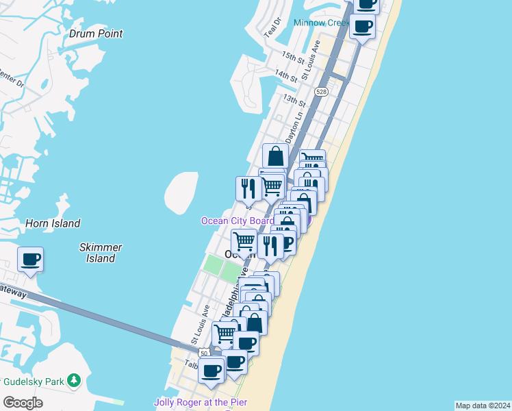 map of restaurants, bars, coffee shops, grocery stores, and more near 217-E Flounder E-7 Lane in Ocean City