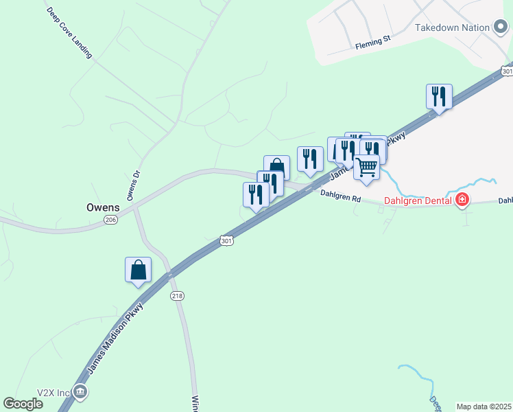 map of restaurants, bars, coffee shops, grocery stores, and more near 5426 James Madison Parkway in King George