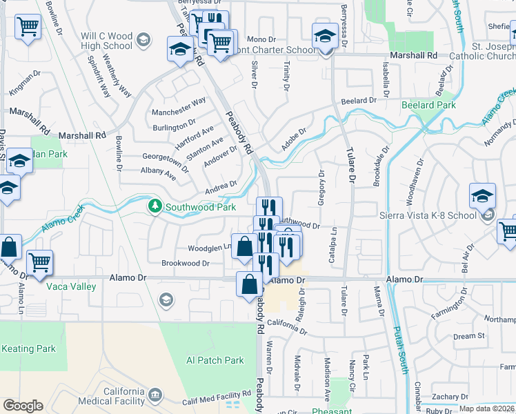 map of restaurants, bars, coffee shops, grocery stores, and more near 2001 Eastwood Drive in Vacaville