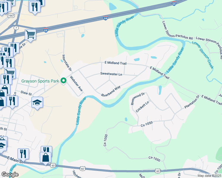 map of restaurants, bars, coffee shops, grocery stores, and more near 343 Riverbend Way in Grayson