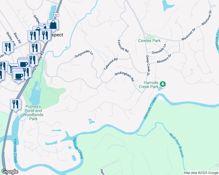 map of restaurants, bars, coffee shops, grocery stores, and more near 6105 Tidewater Court in Prospect