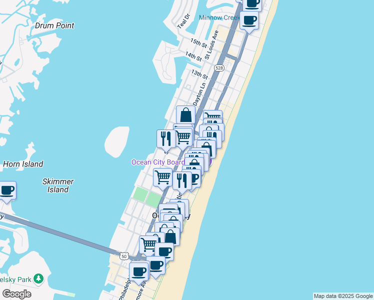 map of restaurants, bars, coffee shops, grocery stores, and more near 217-E Flounder E-7 Lane in Ocean City