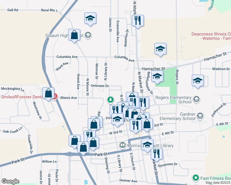 map of restaurants, bars, coffee shops, grocery stores, and more near 313 North Church Street in Waterloo