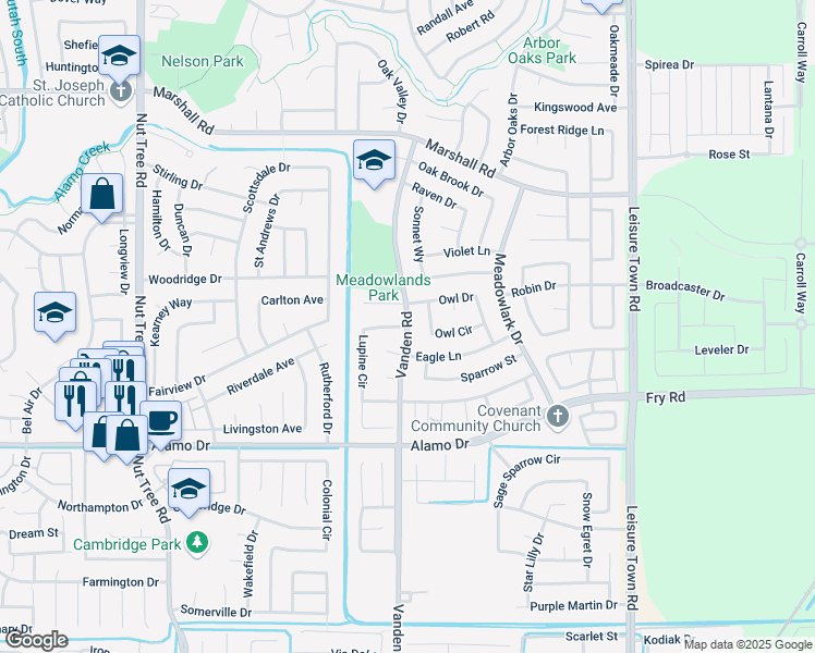 map of restaurants, bars, coffee shops, grocery stores, and more near Vanden Rd & Lupine Cir in Vacaville