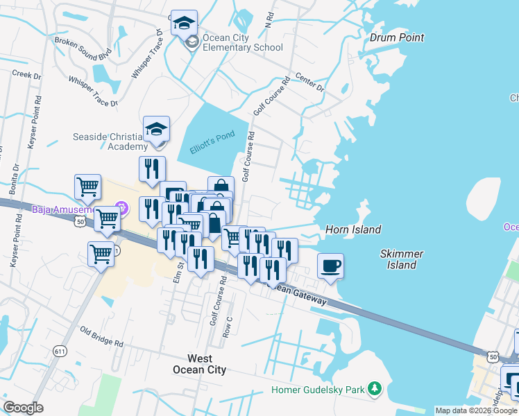 map of restaurants, bars, coffee shops, grocery stores, and more near 9904 Bay Court in Ocean City