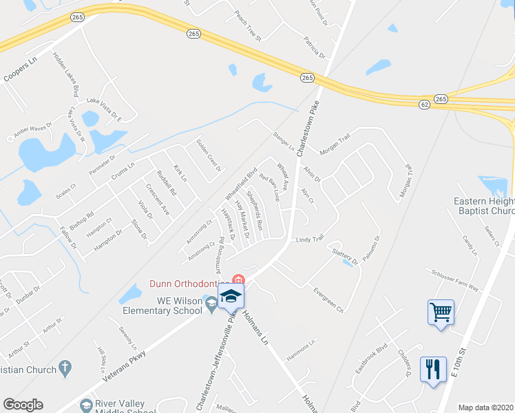 map of restaurants, bars, coffee shops, grocery stores, and more near 3928 Shepherds Run in Jeffersonville