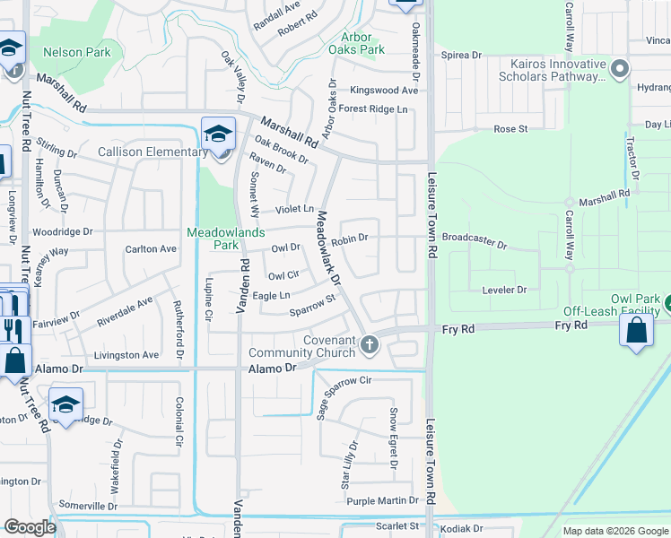 map of restaurants, bars, coffee shops, grocery stores, and more near 1073 Meadowlark Drive in Vacaville